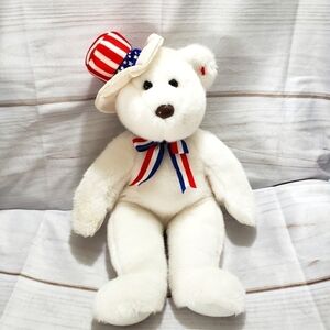 TY Beanie Buddy Benjamin White Teddy Bear Patriotic Plush 14 Inch Year 2004
